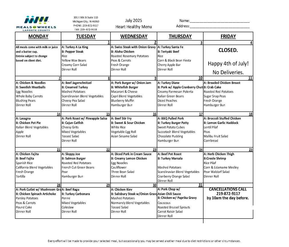 JULY MENU