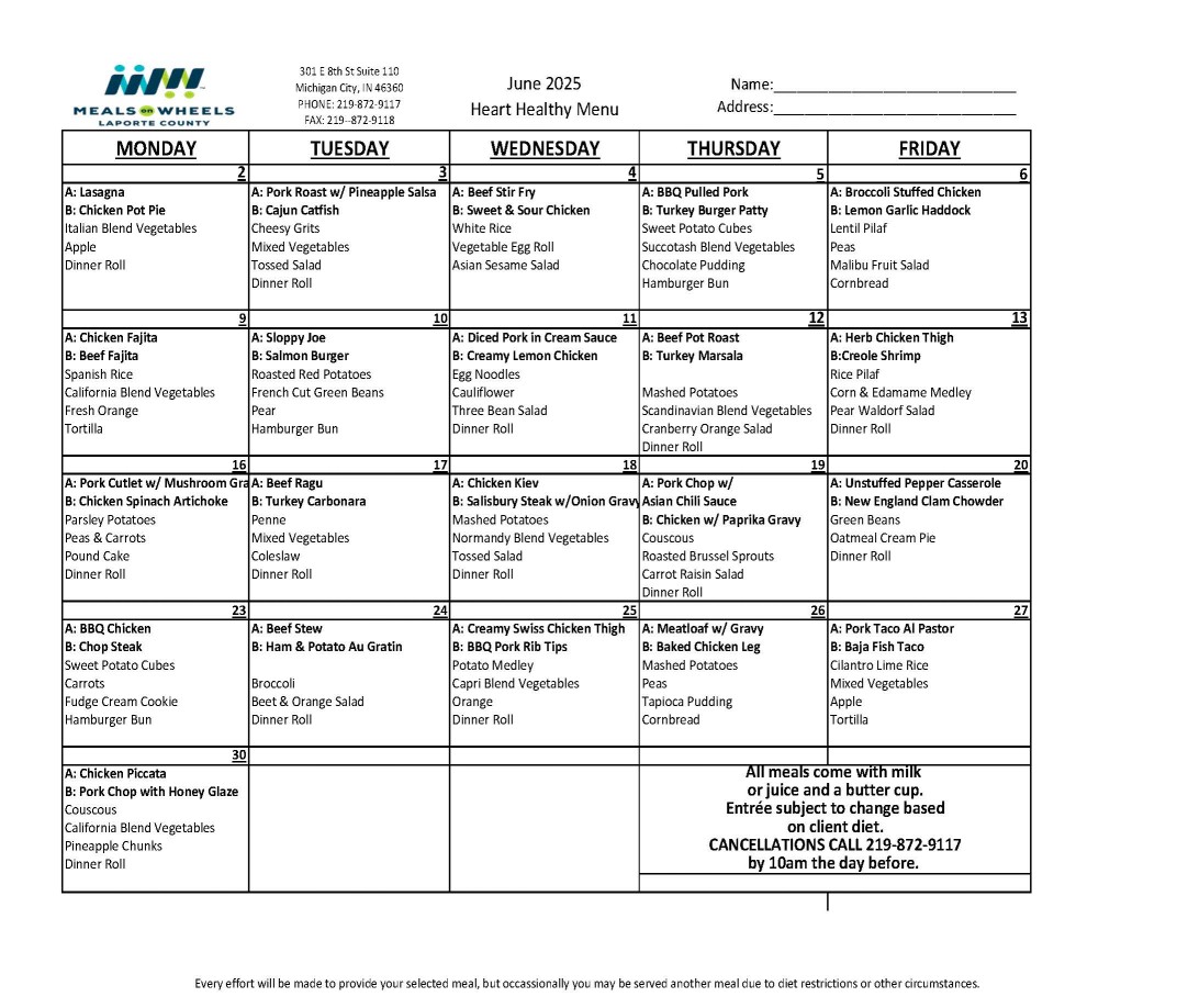 JUNE MENU
